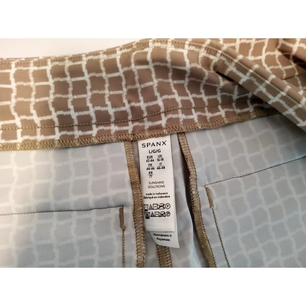 SPANX Tan Check 4" SUNSHINE Pull On 4Way Stretch Pocket SHORTS Womens LARGE NEW - Picture 5 of 8